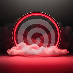 Neon red circular frame with cotton candy clouds