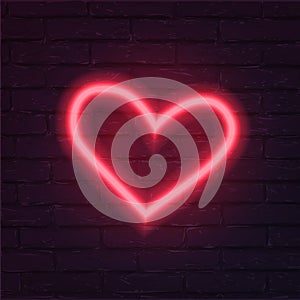 Neon red heart vector illustration. Romantic icon isolated on brick wall background. Love holiday celebration symbol