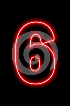 Neon red number 6 on black background. Serial number, price, place