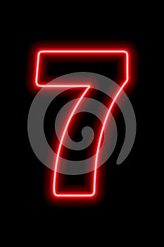 Neon red number 7 on black background. Learning numbers, serial number, price, place