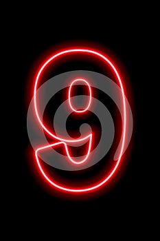 Neon red number 9 on black background. Serial number, price, place