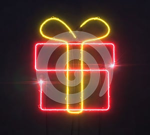 Neon red and yellow gift shaped line on dark background