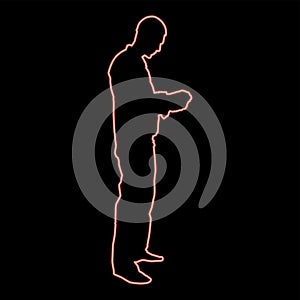 Neon repairman master man in overalls with tool in his hands building level red color vector illustration image flat style