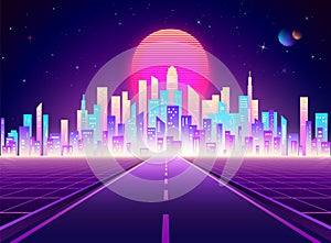 Neon retro city landscape. Highway to Cyberpunk futuristic town. Sci-fi background abstract digital architecture. Vector