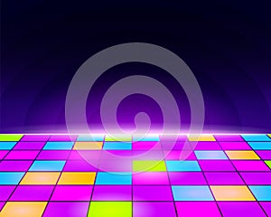 Neon retro dance floor background. Futuristic disco floor with purple tiles and yellow light blue electronic vintage.