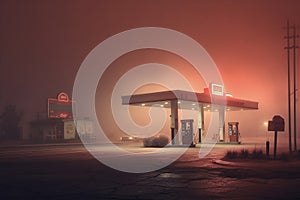 Neon retro gas station at night. Fog, rain, reflections on asphalt.