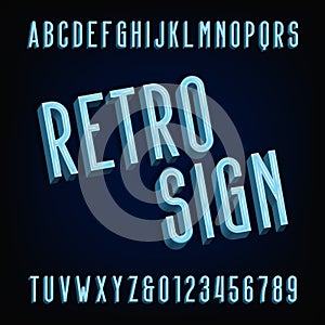 Neon retro sign alphabet font. Volumetric type letters and numbers.