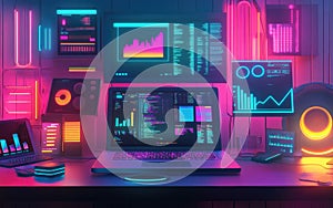 Neon retro tech workstation cyber data analytics