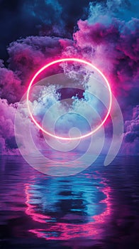 neon ring in pink and blue clouds reflecting over water surface