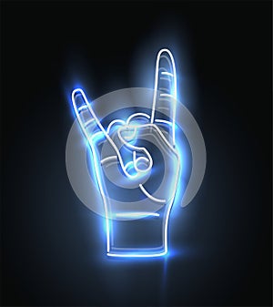 Neon rock hand sign. Rock music symbol. Vector illustration