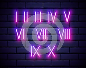 Neon Roman numerals set. Bright Vector illustration isolated on dark brick wall background