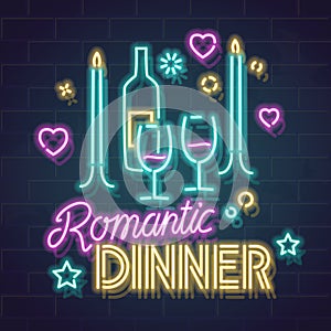 Neon romantic dinner illustration. Isolated vector line art image with handwritten typography on dark background
