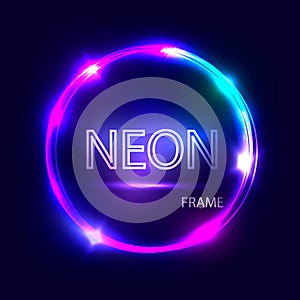 Neon round glowing frame. Electric circle on dark background. Light banner with glow.