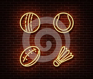 Neon rugby, badminton, cricket, baseball balls sign vector isolated on brick wall. Sport balls light