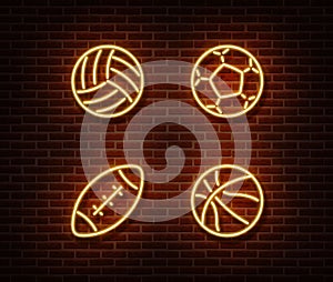 Neon rugby, soccer, basketball, volleyball balls sign vector isolated on brick wall. Sport balls lig