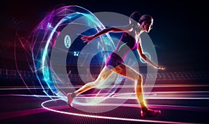 Neon running motion illustration. Abstract silhouette of running athlete. Generative AI