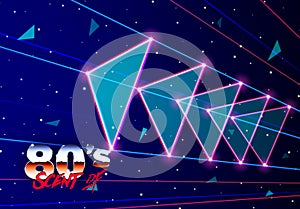 Neon 80s styled triangles flying in space with laser rays