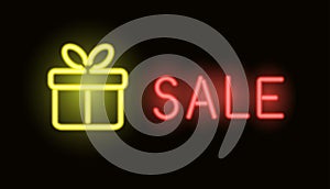 Neon sale banner. Vector relistic neon gift box. Store front
