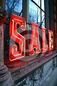 Neon SALE sign in red at a window.