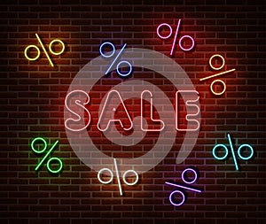 Neon sale sign vector isolated on brick wall. Special price tag light symbol, decoration effect. Neon sale banner illustration