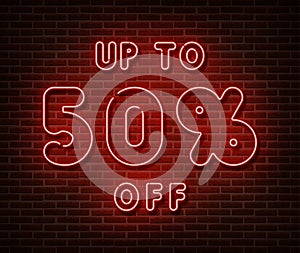 Neon sale sign vector isolated on brick wall. Special price tag light symbol, decoration effect. Neon sale banner illustration