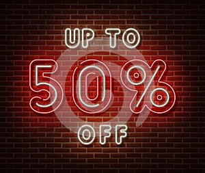 Neon sale sign vector isolated on brick wall. Special price tag light symbol, decoration effect. Neon sale banner illustration