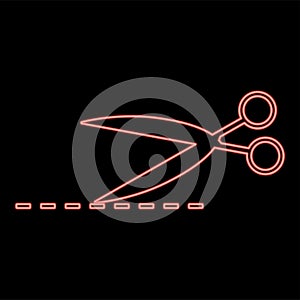 Neon scissor with cut line red color vector illustration flat style image photo