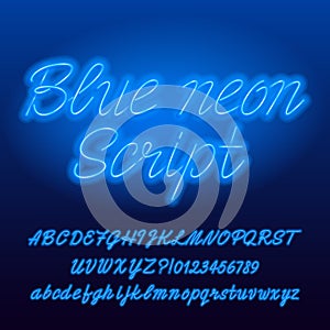 Neon script alphabet font. Blue color lowercase and uppercase bright letters and numbers.