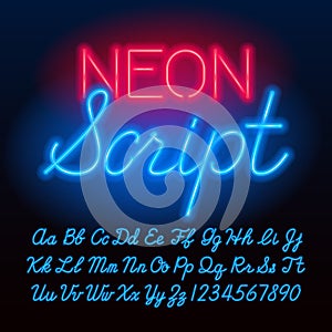 Neon script alphabet font. Blue color lowercase and uppercase letters and numbers.