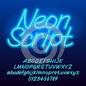 Neon script alphabet font. Blue color lowercase and uppercase shiny letters and numbers.