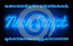 Neon Script alphabet font. Blue neon light uppercase and lowercase letters and numbers on brick wall background.