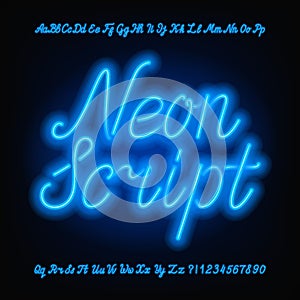 Neon script alphabet font. Blue neon uppercase and lowercase letters and numbers.