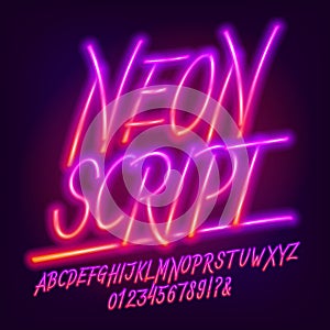 Neon Script alphabet font. Bright neon letters and numbers.