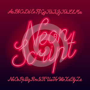 Neon script alphabet font. Neon color lowercase and uppercase letters, numbers and symbols.