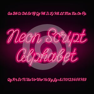 Neon script alphabet font. Handwriting neon uppercase and lowercase letters and numbers.