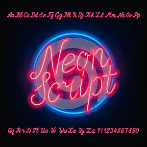 Neon script alphabet font. Red neon uppercase and lowercase letters and numbers.