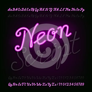 Neon script hand drawn alphabet font. Light turn on and off.