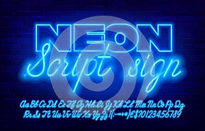 Neon script sign font. Blue neon color letters and numbers and punctuation.