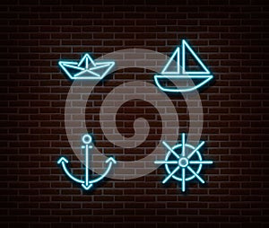 Neon sea transport signs vector isolated on brick wall. Paper boat, ship, anchor, wheel light symbol