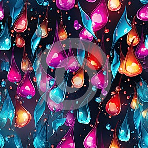 neon seamless pattern with bright colorful rainbow water drop droplets on the glass surface on black multicolored