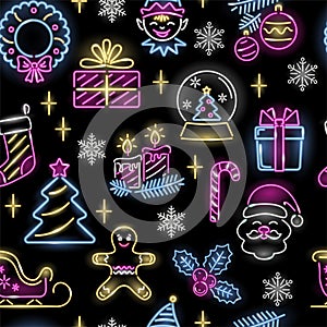 Neon seamless pattern with Christmas icons: Santa, giftbox, candy cane, candle, stocking, cristmas tree, wreathe, sleght