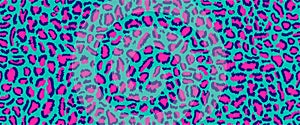 Neon seamless pattern, leopard print with acid colors in retro-futuristic 80s - 90s style. Neon leopard background in