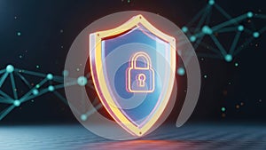 Neon security shield with lock icon on digital network
