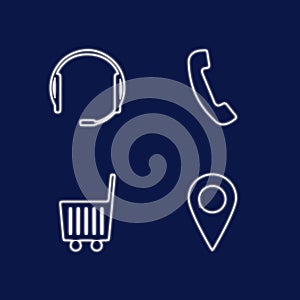 Neon set, headphones, handset, shopping basket, location icon