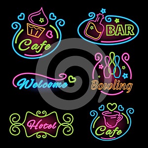 Neon set sign for cafes, bar, bowling, hotel.
