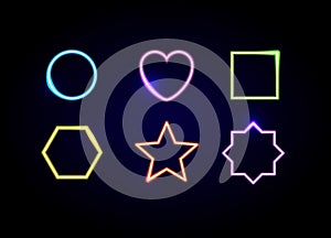 Neon shapes frames. Glowing circle, heart, square, hexagon, star and polygon symbols.