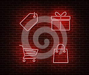 Neon shopping signs vector isolated on brick wall. Discount card,cart, gift, shop bag light symbol,