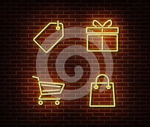 Neon shopping signs vector isolated on brick wall. Discount card,cart, gift, shop bag light symbol,