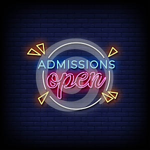 Neon Sign admissions open with brick wall background vector