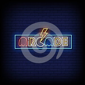 Neon Sign arcade with brick wall background vector